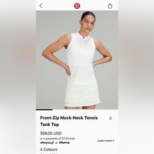 Lululemon front zip mock neck tennis tank top